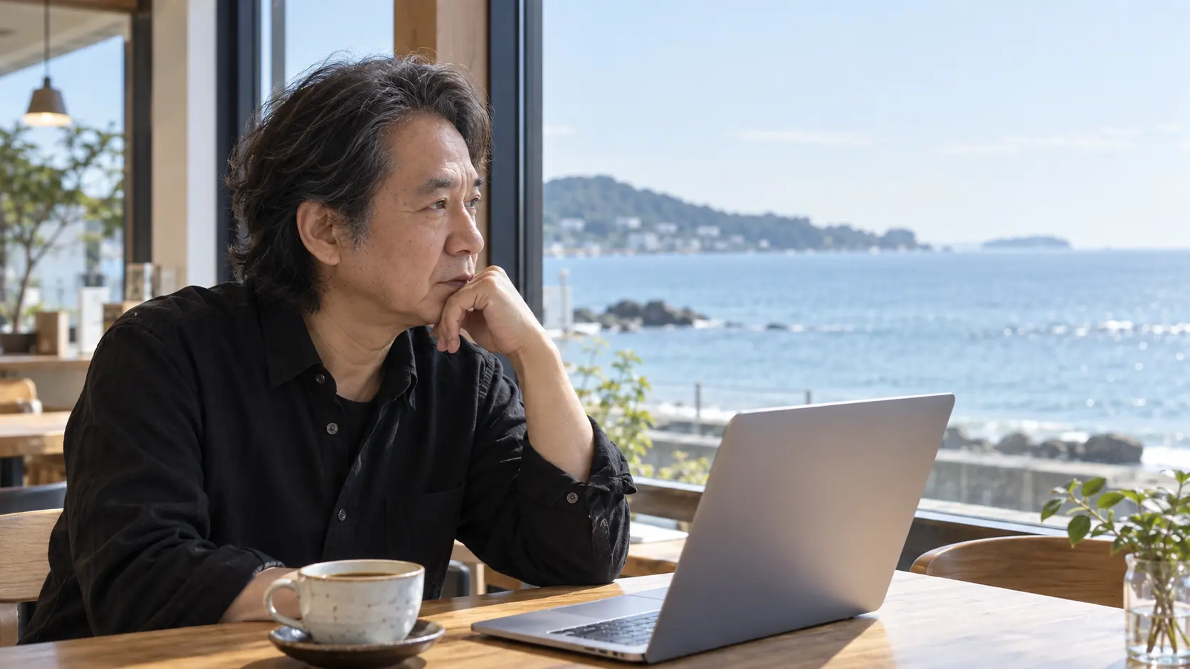 海辺のカフェで思索するPIK代表 村井芳裕